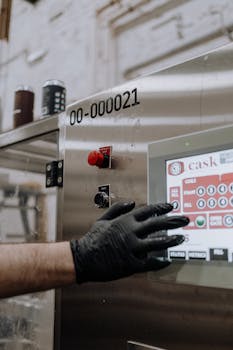 工程师在金属制造机器上使用触摸屏界面