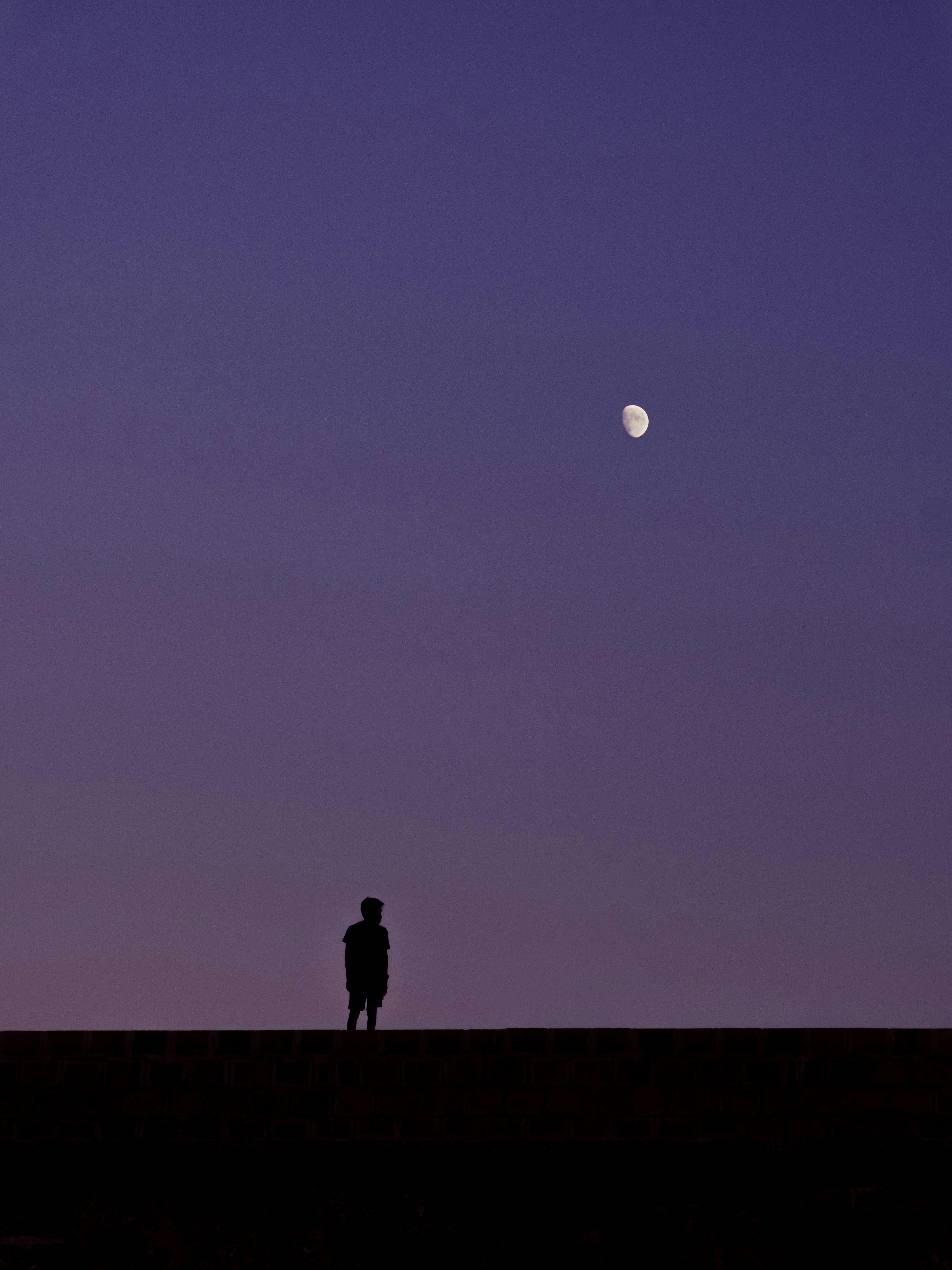 Silhouette Of Man Standing On The Ground Under The Moon Free Stock Photo