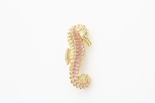 Close-Up Shot of a Seahorse Brooch on a White Surface