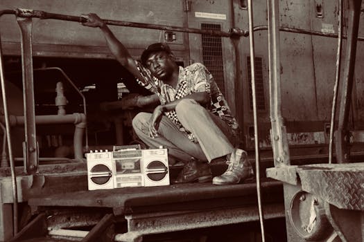A retro-themed portrait of a man sitting with a boombox in an industrial setting, showcasing vintage style.