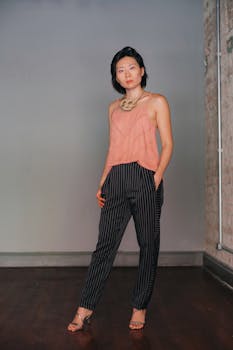 Portrait of a stylish woman posing in a peach top and striped pants indoors.