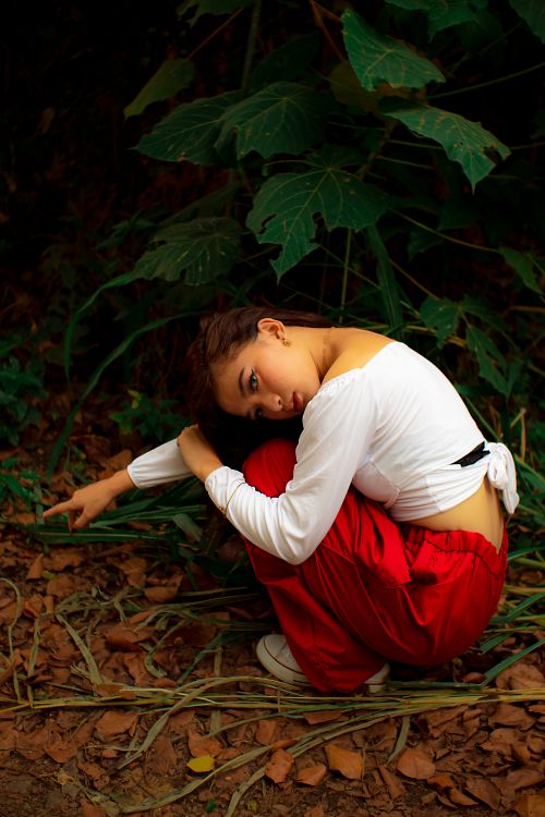 Free Side view of pensive young lady in stylish clothes sitting on haunches and embracing knees near lush green plant in forest Stock Photo