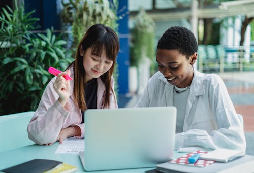 Young content multiethnic female students doing homework at table with netbook against plant in summer