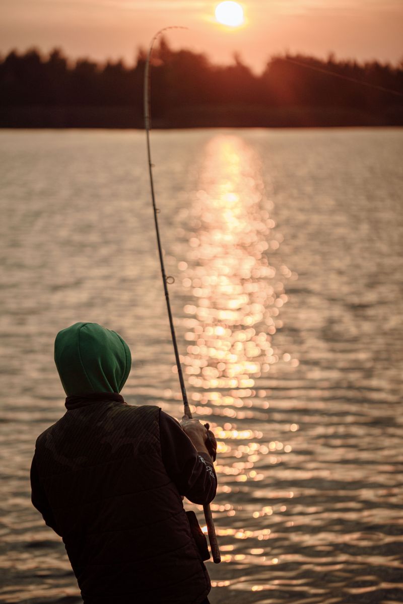 Fisherman casting at sunset over a calm lake, silhouette against golden light