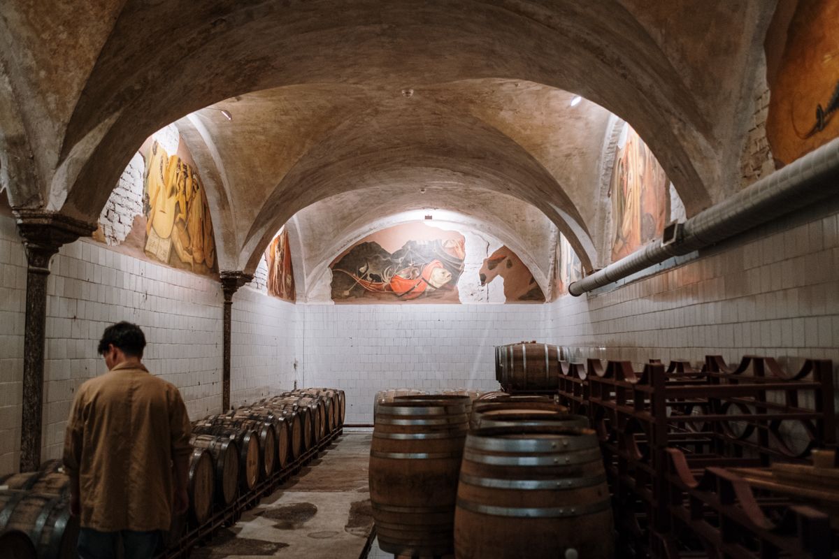 A vaulted stone cellar lined with oak barrels in warm low light