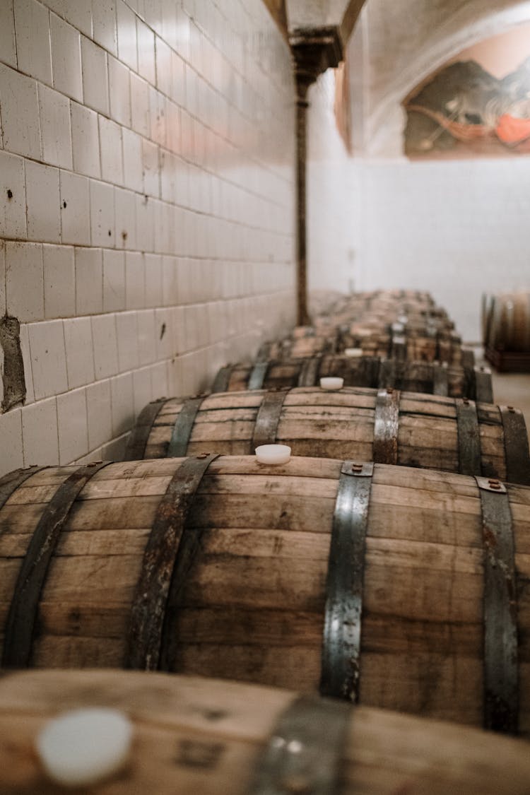 Wooden Barrels In A Storage