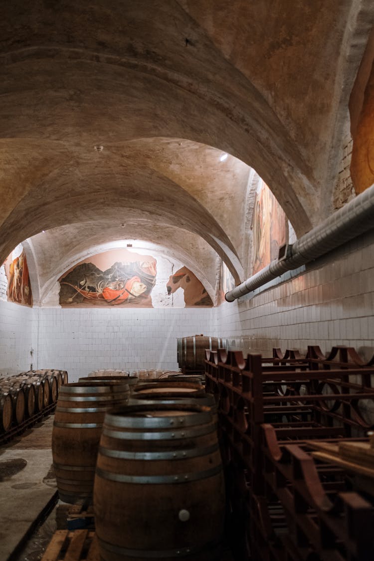 Wooden Barrels In A Storage