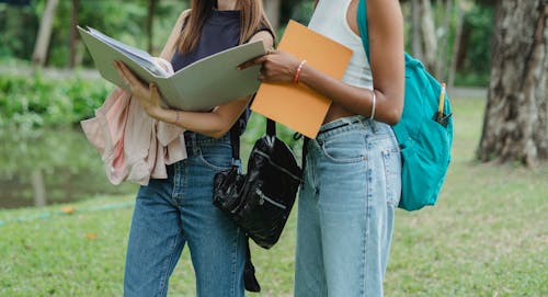 Free Crop faceless diverse classmates reading new material in park Stock Photo