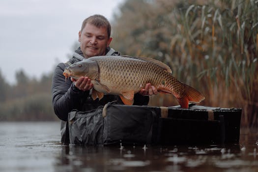 A fisherman proudly displays his catch, a large carp, by a serene, rainy lake.