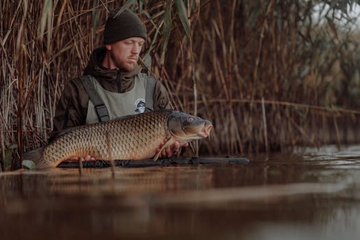 A fisherman holding a large carp by a river surrounded by reed plants during rain.