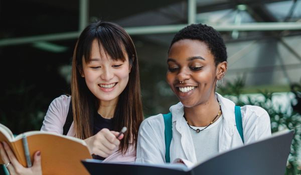 两名快乐的少数族裔学生在户外学习中享受乐趣，展现了多样性