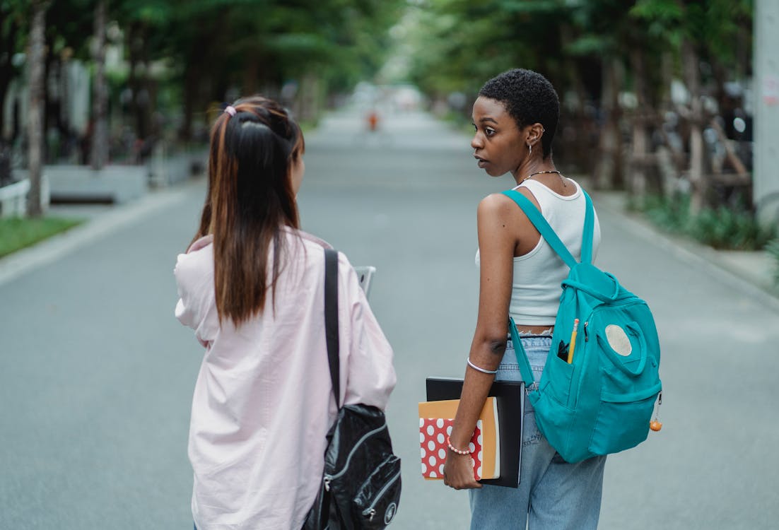 Free Back view of diverse female students carrying backpacks and supplies for university while talking in park Stock Photo