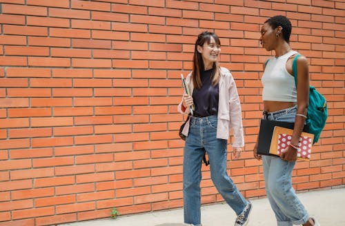 Positive African American female student with notebooks and backpack communicating with female friend wearing jeans while walking together near brick wall of university