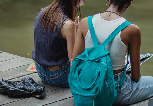 两个年轻女子在池塘边一同学习，共享合作与户外学习的时光