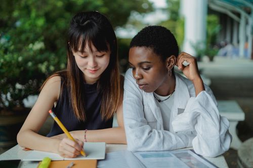 Free Two women studying together outdoors. A warm display of friendship and collaboration. Stock Photo