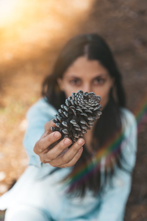 Close-up of a Woman Holding a Conifer Cone