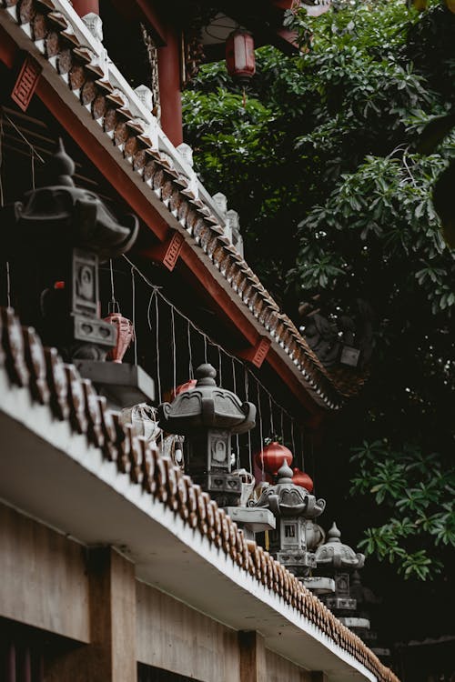 Low Angle View of a Balcony with Lanterns