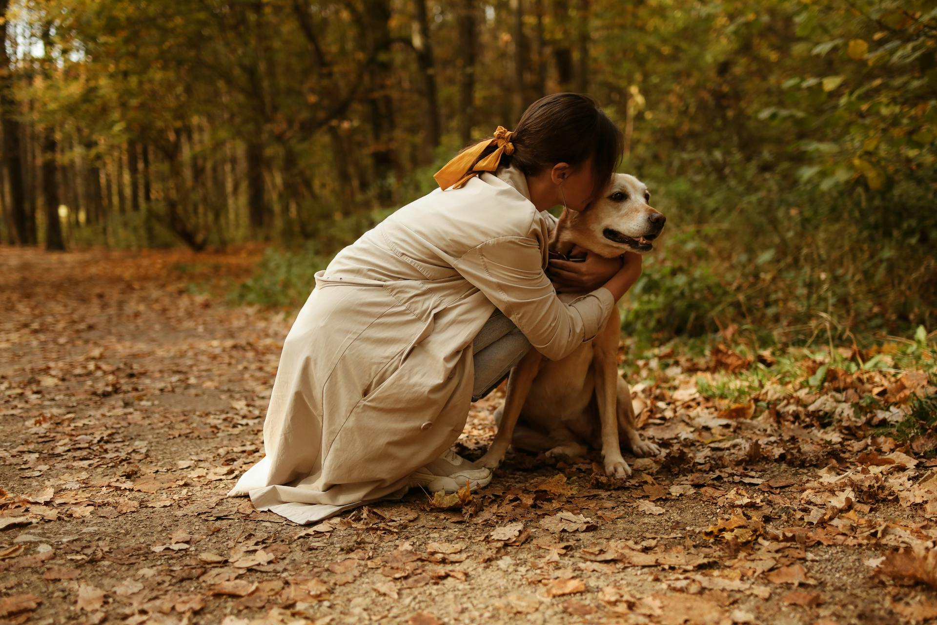 A Woman Kissing the Head of Brown Short Coated Dog