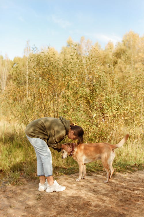 Free Woman in Green Jacket and Blue Denim Jeans Caressing the Short Coated Dog's Face  Stock Photo