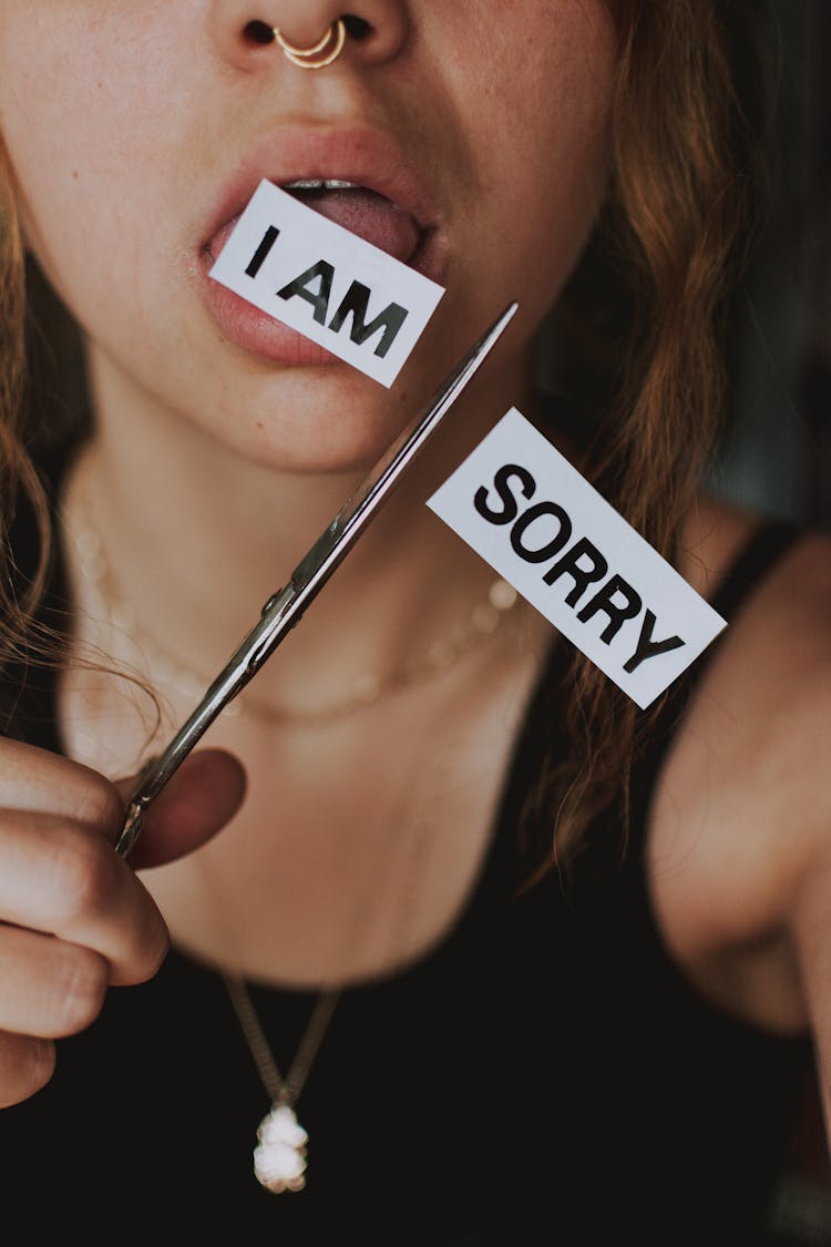 Woman With Scissors Cutting Inscription I Am Sorry