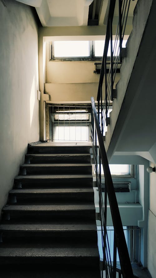 Empty staircase with handrail near cement wall in aged building with windows in daylight