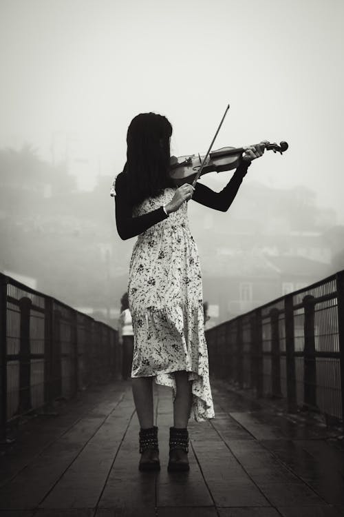 Donna Che Suona Il Violino Sul Ponte In Una Giornata Nebbiosa