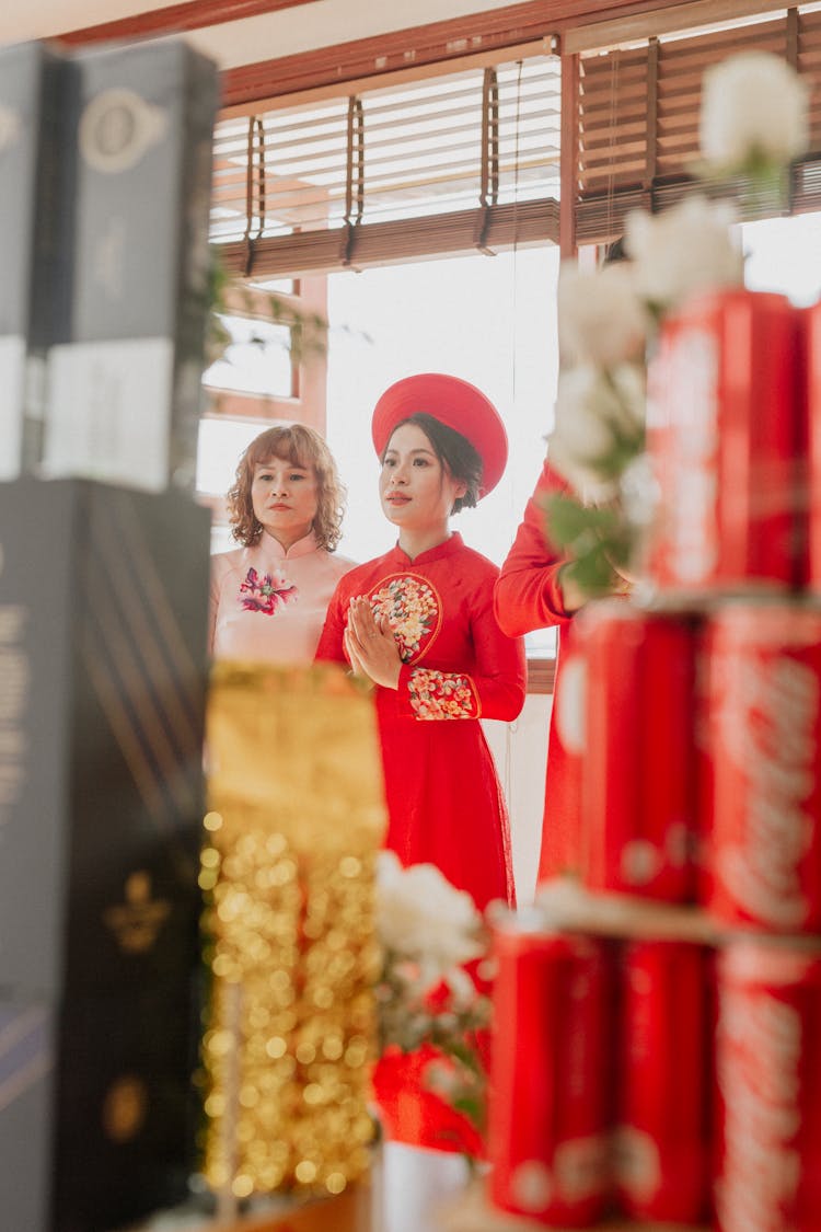 Stylish Asian Bride With Mother Praying On Wedding Day