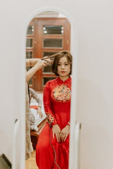 Asian woman in red traditional dress having her hair styled in front of a mirror indoors.