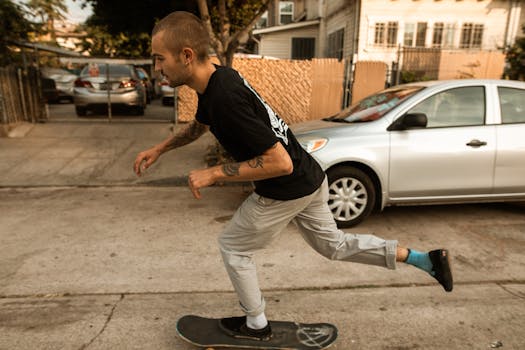 A person skateboarding on an urban street with tattoos visible, showcasing street culture.