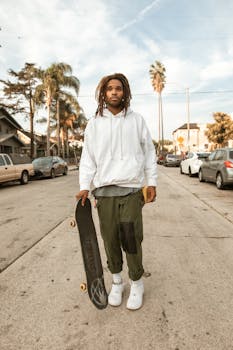 Young black man with dreadlocks skateboarding outdoors on a sunny street.