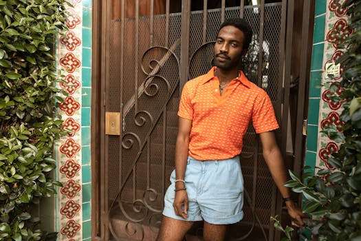 Man in vibrant outfit posing by a beautifully tiled entrance, exuding fashion and confidence.