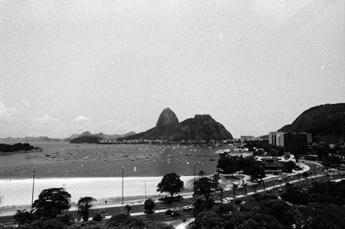 Monochrome coast with resort buildings