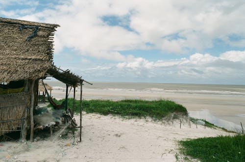 Poor indigenous cabin with thatched roof on sandy coastline with wavy ocean in cloudy day