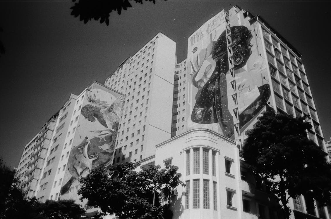 Tall residential building with graffiti