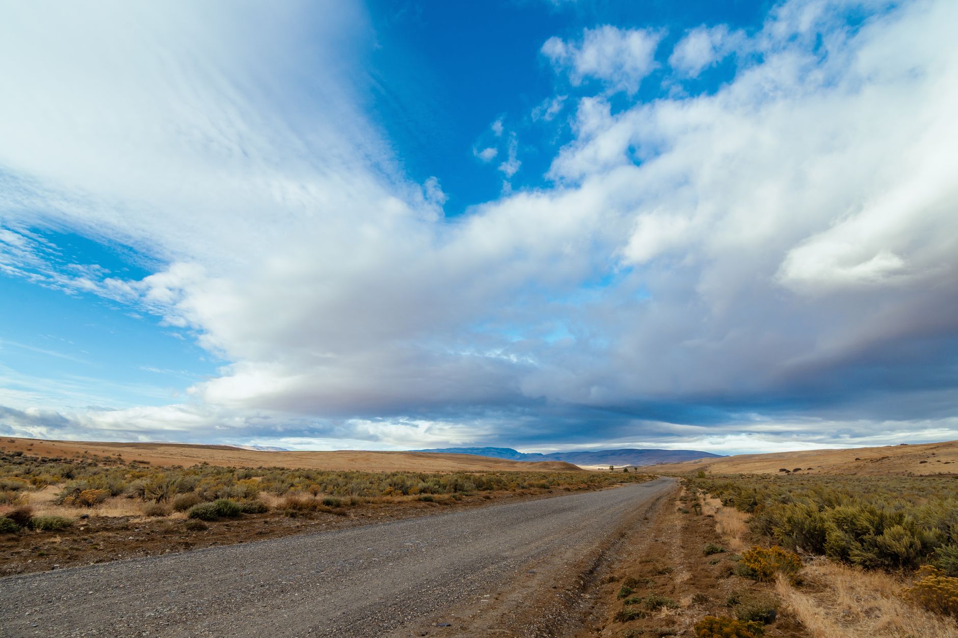 Long straight road running through wild prairie terrain covered dry grass and bushes