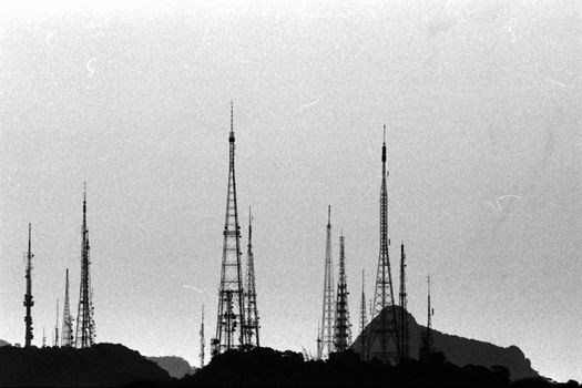 Grayscale Photo of Radio Towers and Antennas on Morro do Sumare