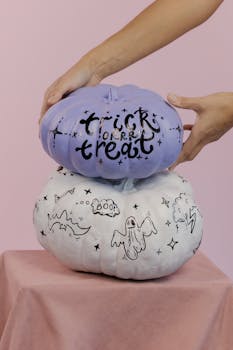 一堆绘有幽灵和“不给糖就捣蛋”图案的万圣节南瓜