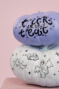 为万圣节绘制的装饰南瓜，采用了“不给糖就捣蛋”的怪异设计