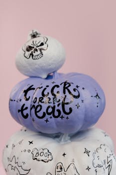 这款色彩缤纷的堆叠南瓜装饰，带有怪异的头骨图案和“不给糖就捣蛋”字样，适合用于万圣节布置