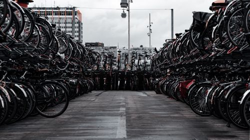 Free Crowded bicycle parking lot in Amsterdam showcasing urban transport culture. Stock Photo