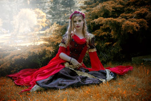A woman in a medieval costume poses in a vibrant autumn landscape, evoking a fairy tale ambiance.
