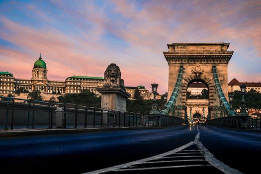 Szchenyi Chain Bridge in Budapest at Sunset 