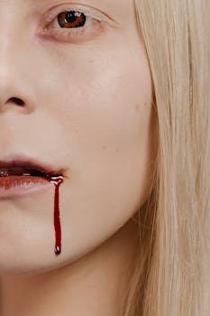 Intense close-up image of a woman with a blonde hairstyle and a dramatic blood effect on her face.