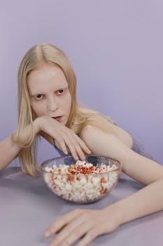 A blonde woman leans on a table with a bowl of seasoned popcorn in a minimalist setting.