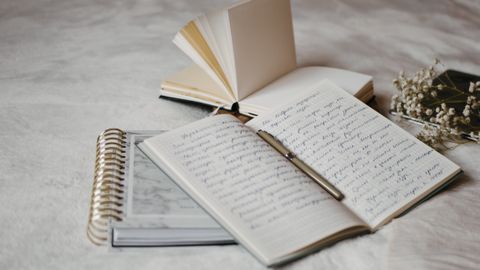 Close-up of open notebooks and a pen on a soft bed surface with delicate dried flowers.