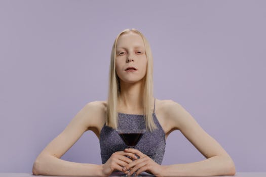 一位留着金色长发的优雅女子，在紫色背景的工作室里拿着饮料