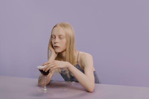 一位手持鸡尾酒的女子肖像，色调苍白，氛围神秘空灵