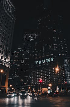 A vibrant nighttime view of Chicago's skyline showcasing illuminated skyscrapers and urban street life.