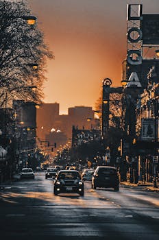 Stunning cityscape of Chicago streets at sunset with cars and urban skyline.