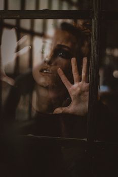 这幅戏剧性的肖像描绘了一名女子透过玻璃窗向外望去的场景